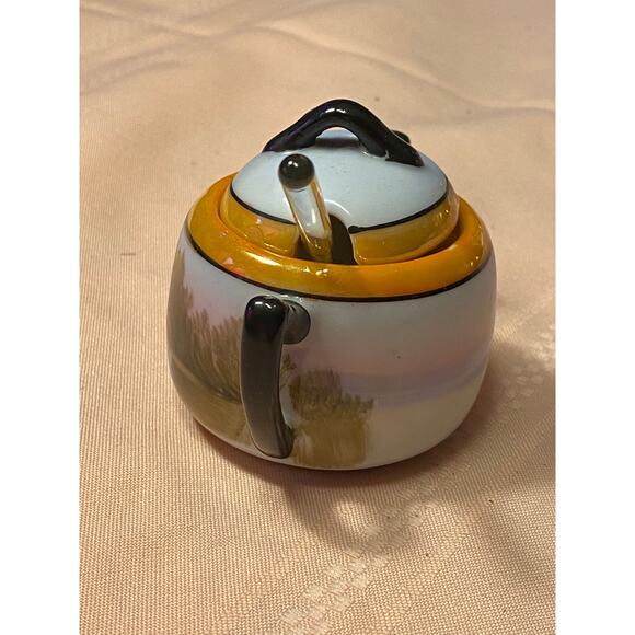 Morimura Porcelain Sugar Bowl, Lid & Glass Spoon Scenic design 2.75 in tall EUC - Picture 5 of 16